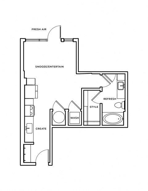 Floor plan for 1 bed, 1 bath, 612 sqft